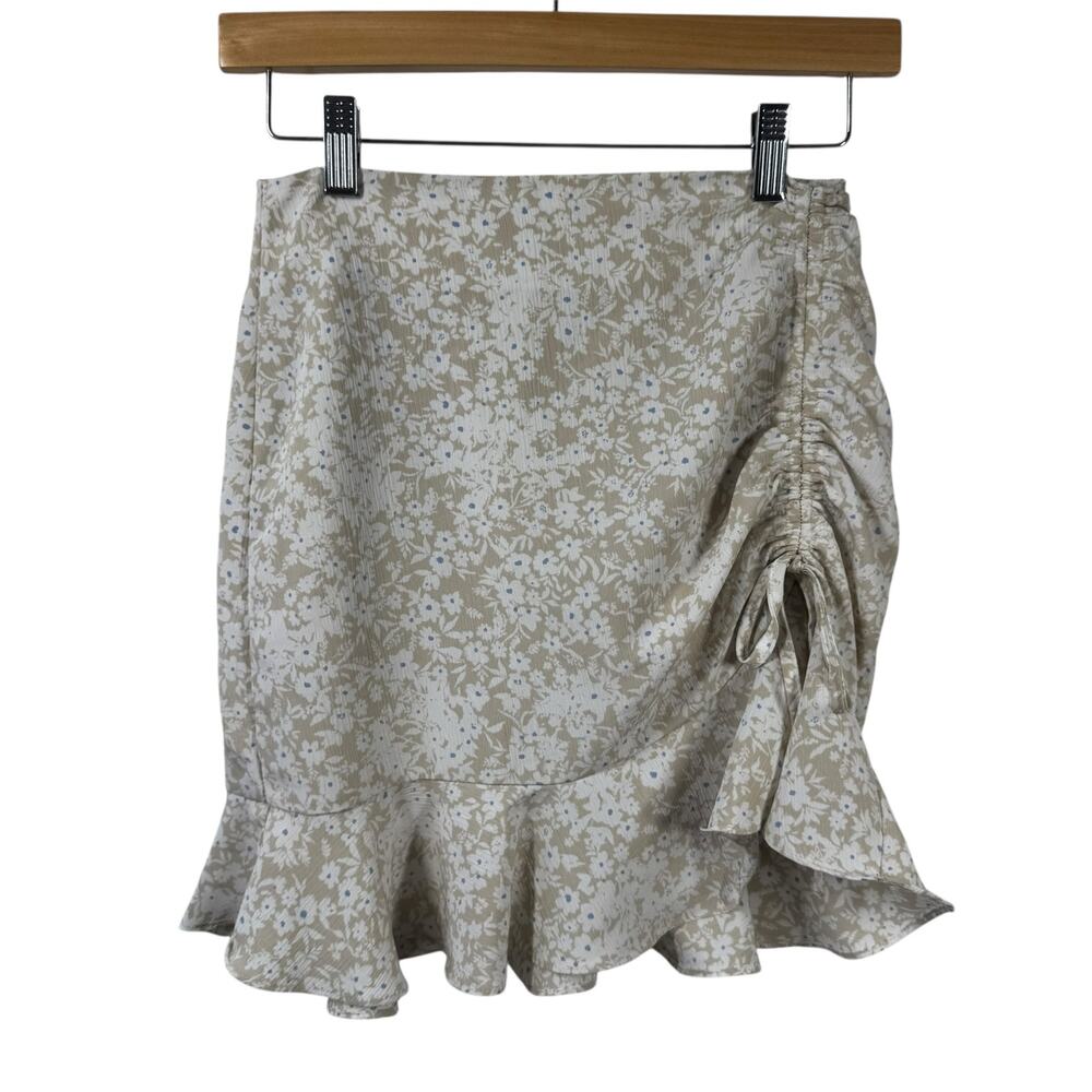 By Together Skirt Women S Tan White Ditsy Floral Ruffle Tie Detail Cottage Prep